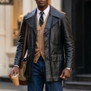 VTG Fantastic Intl Mens Black Leather Field Military Jacket 46 Large Retro‎ Prep